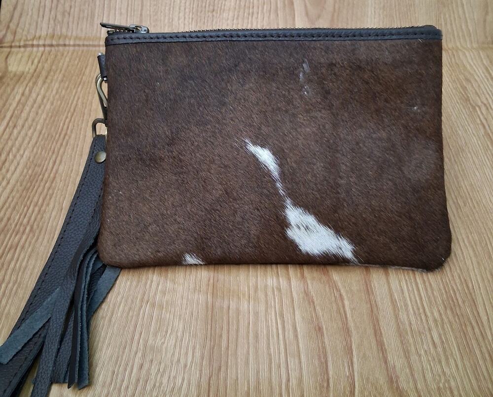 Genuine Cowhide Leather Clutch Hair on Hide Brown White Western Tassel Zip Pouch